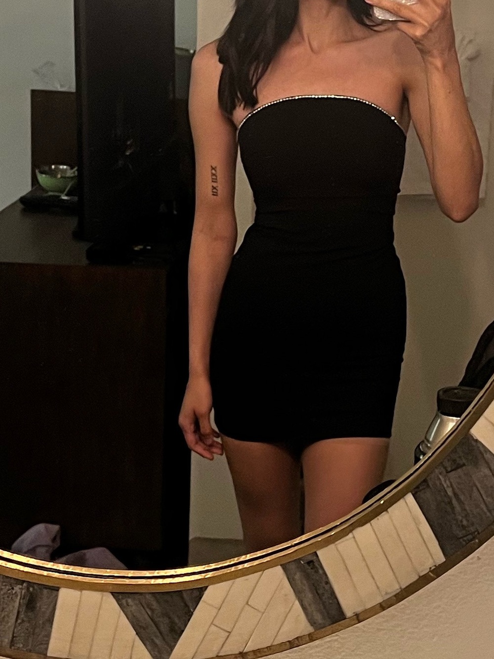 Strapless Black Mini Dress with Rhinestone Trim